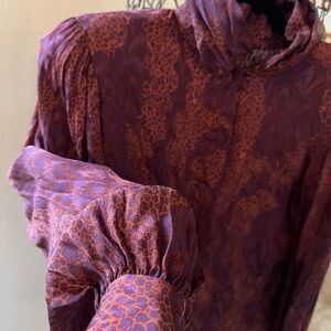 Silk Purple and Rust Animal-Print Long-Sleeve Blouse